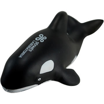 Killer whale stress toy with a logo printed on its back