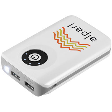 white power bank charger with a company logo printed to the top