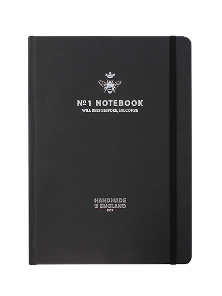 Will Bees crown notebook in black with colour match elastic closure strap and silver embossed logo