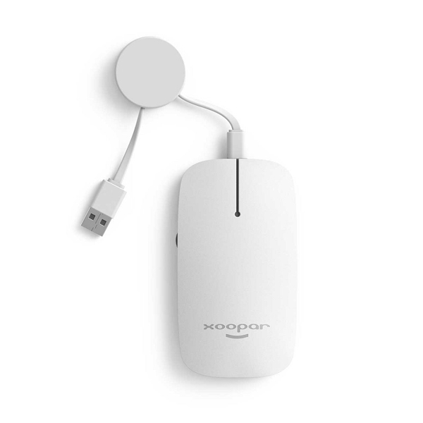 White compact computer mouse with retractable cable