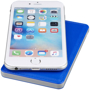 Blue wireless power bank charging a mobile phone