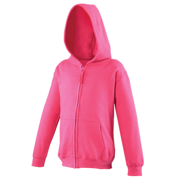 Zoodie in pink with opening for earphone lead, full zip and 2 pouch pockets