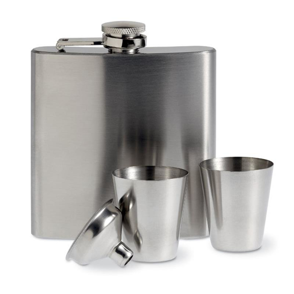 Annaska Hip Flask in silver with satin finish, 2 cups and bottleneck