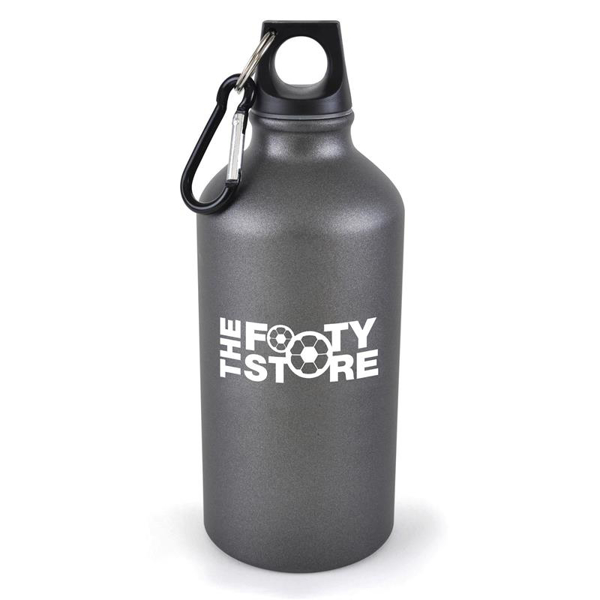 dark grey metal bottle bottle with carabiner to the lid