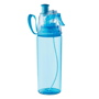 transparent blue water bottle with sprayer on lid
