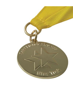 35mm Medal in gold with engraved logo and yellow ribbon