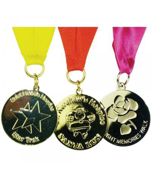 50mm Medals with different engraved logos with yellow, red and pink ribbons