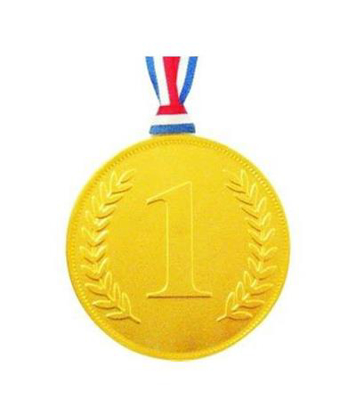 gold medallion chocolate coin with white blue and red ribbon