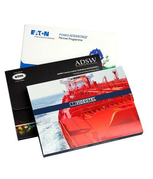 3 document boxes in different colour with full colour branding