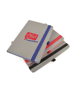A5 grey PU ashurst notebook with coloured edge paper, elastic pen loop and closure strap in blue red and black. 2 colour print logo