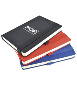 A5 maxi mole notebook in black red and blue with colour matching elastic closure strap and pen loop. 1 colour print logo