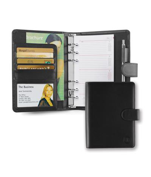 A5 PU Organiser in black soft touch Belluno with business card holders, pen holder and ring binders with sheets