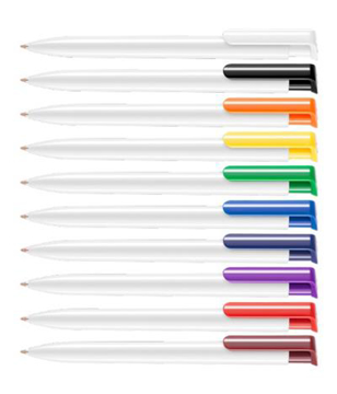 low cost plastic pen with white body available in a range of different clip colours