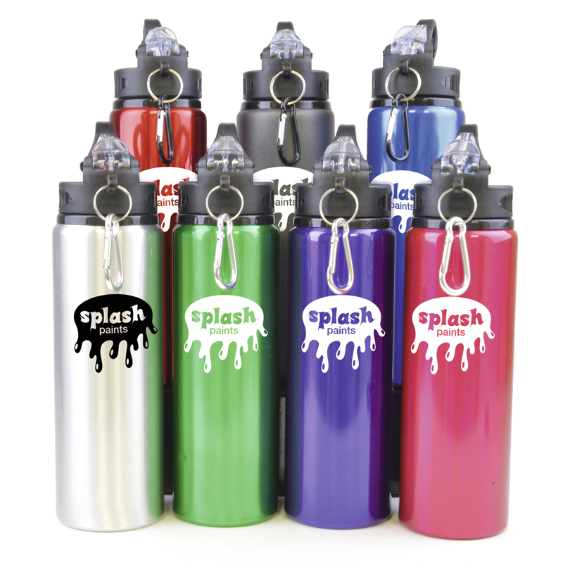 Large metal sports bottle with built in flip lid straw in a variety of colours
