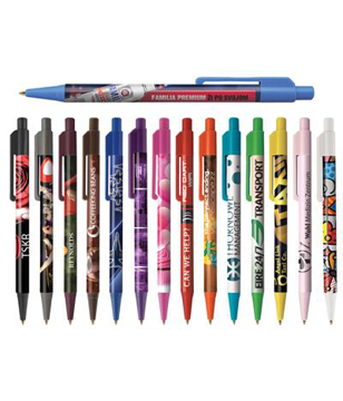 Plastic ball pen in a range of different clips colours personalised with a full colour wrap print