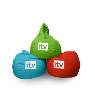 three coloured bean bags with itv branding to each