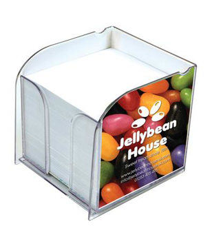 Memo block holder with 800 loose sheets of white paper with with full colour print on side of box