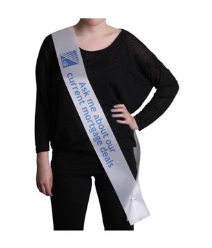 Charity Sash long and shaped to the hip in white with 1 colour print logo