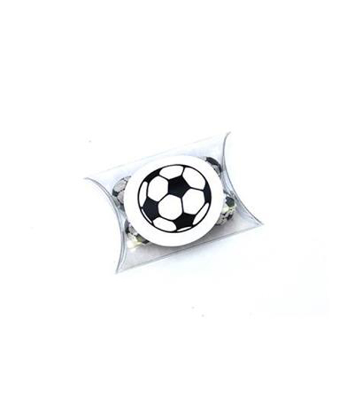 small clear pillow pouch with chocolate footballs