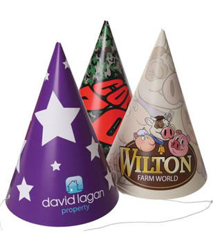 three full colour conical hats