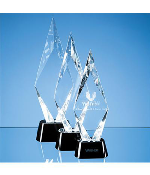 Peak shaped clear crystal award with black glass base