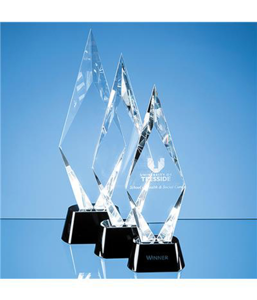 Peak shaped clear crystal award with black glass base