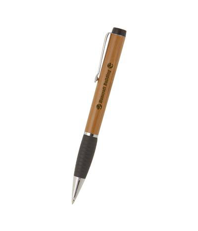 Bamboo ball pen with black grip and silver clip