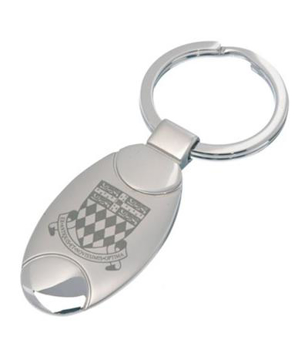 metal oval shaped keyring with a matt centre that has been engraved with a logo