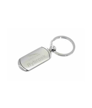 metal keyring with matt centre that has been engraved with a car dealership logo