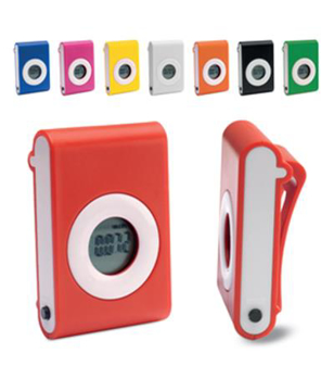 rectangular digital pedometer win a variety of bright colours with a round digital screen and clip