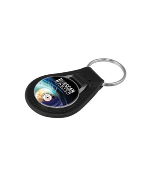 fob style leather keyring with metal branded plate stitched onto the top