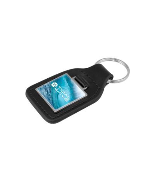 rectangular leather keyring with a square metal plate to the top that has a full colour branded domed sticker