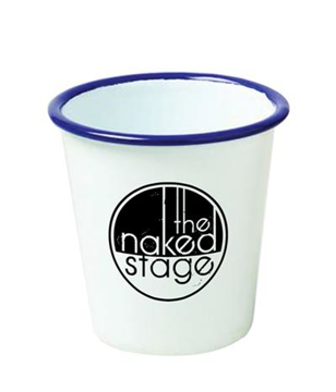 Enamel Tumbler in white with blue trim and 1 colour print logo