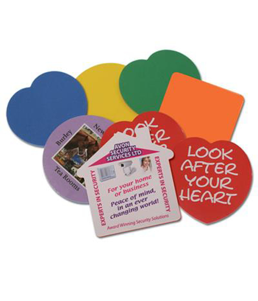 promotional foam coasters in a range of colours and shapes all printed with a logo