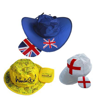 2 foldable cowboy hats with full colour branding and one foldable baseball cap with the england flag to the frond and pouch