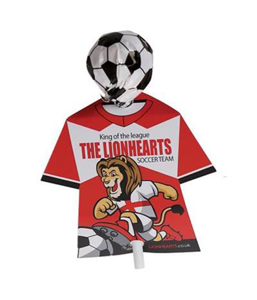 Promotional lollypop with football wrapper and printed card tshirt sleeve