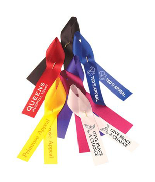 Fund Raising 12mm Ribbon in black, red, yellow, white, pink, purple and blue with 1 colour print