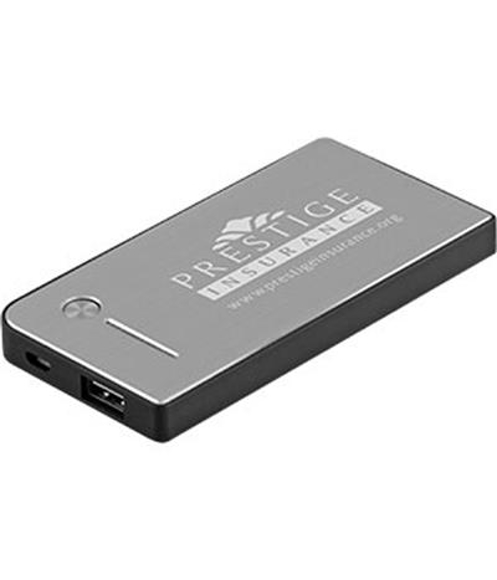 Silver power bank with black trim, engraved with a company logo