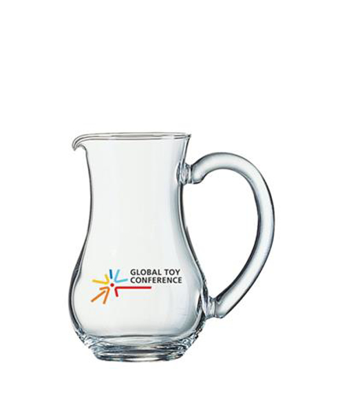 a large glass jug with a full colour printed logo to the bottom