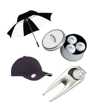 a golf umbrella, black baseball cap, tin of three branded golf balls