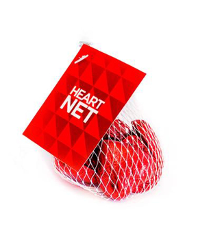 Solid chocolate hearts wrapped in red foil and presented in a net bag personalised with a printed tag