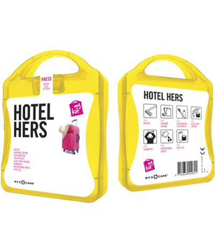 yellow first aid kit for her with a white contents label