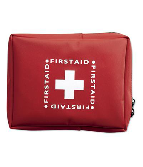 red first aid kit with white cross to the front