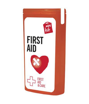 red slim mini first aid kit with contents label