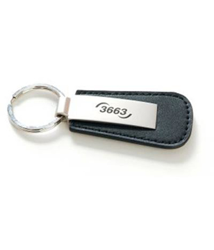 black leather keyring with a silver plate to the front and a one colour engraving to the silver plate