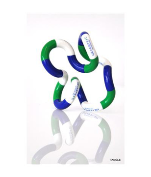 a green, white and blue multicoloured tangle toy