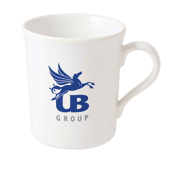 white newbury mug with fluted lip and 1 colour logo