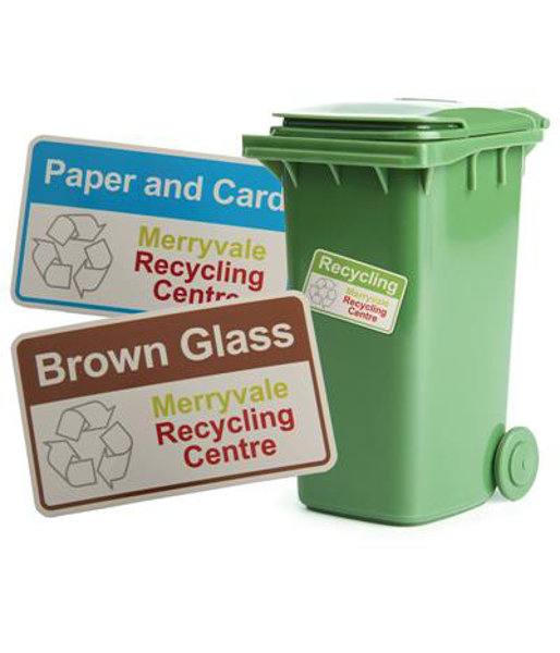 Outdoor Wheelie Bin Stickers in green, blue and brown