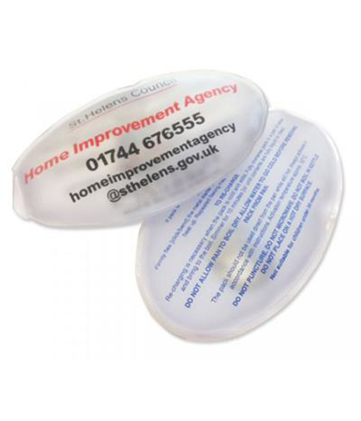 two oval heat packs with branding to both sides