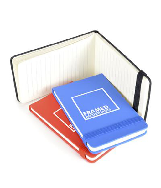 Parsonage jotter in black, blue and red with colour matching elastic closure strap with lined paper and 1 colour white print logo